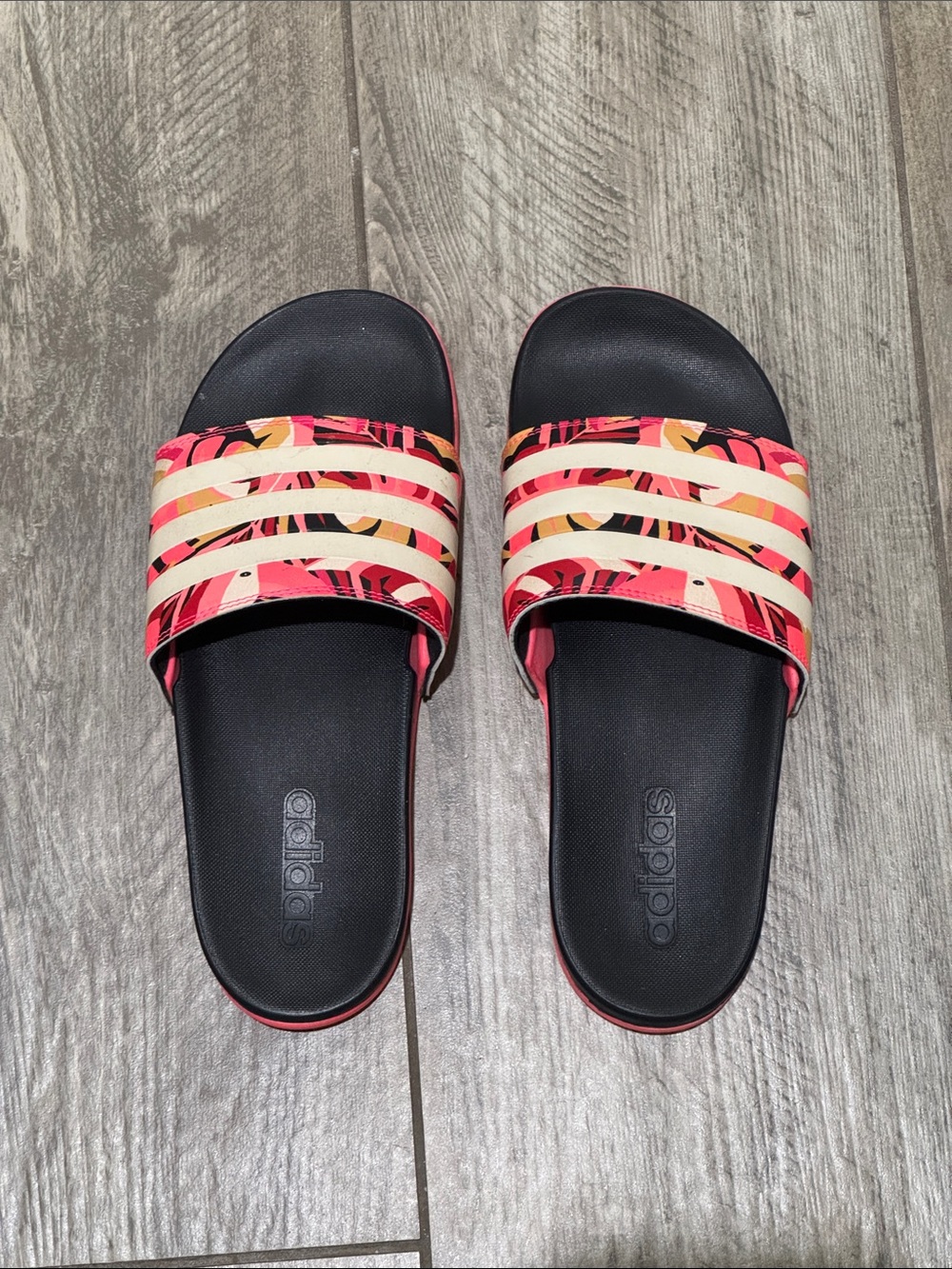 adidas Women’s Black, Pink and Cream Printed Slide Sandals